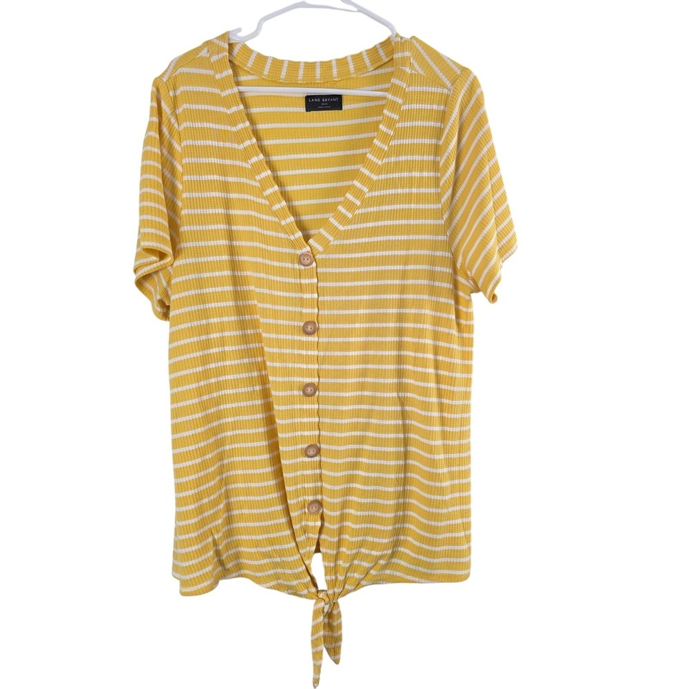 Lane Bryant Tie Front Top 18/20 Womens Plus Size Yellow White Striped V Neck